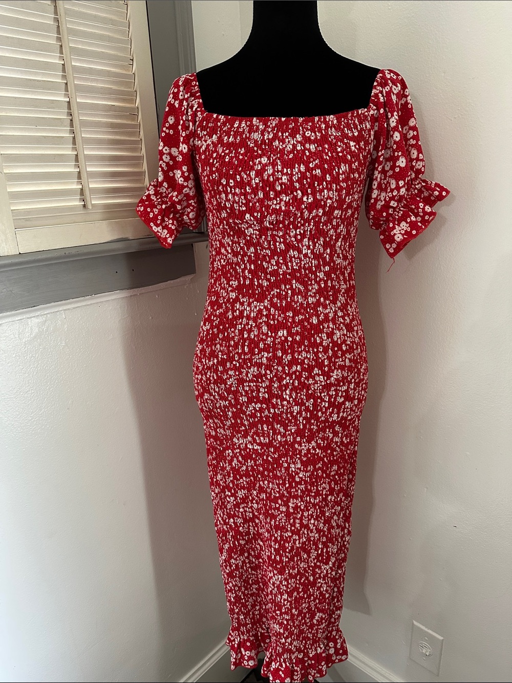 Red Floral Smocked Midi Dress with Puff Sleeves